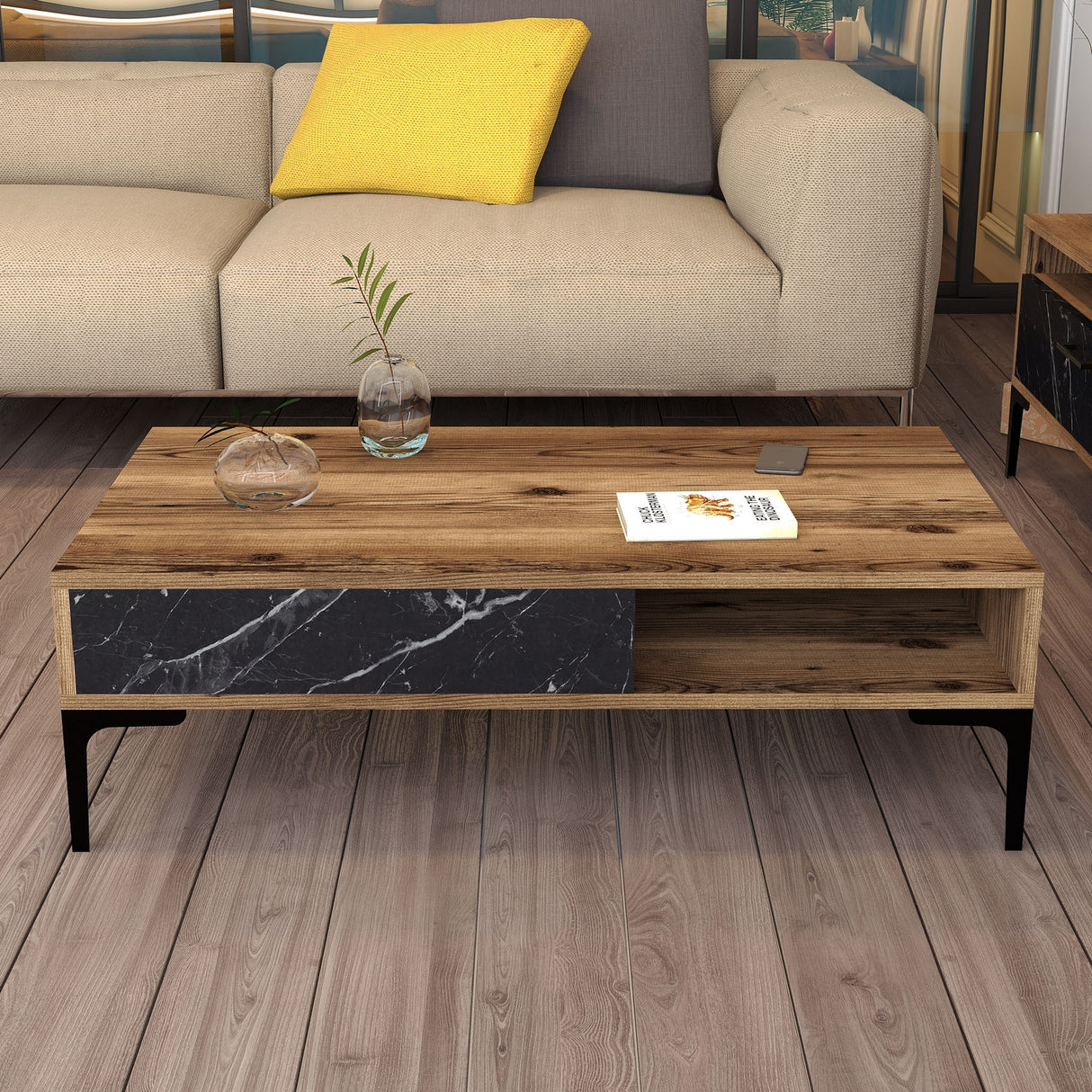 Măsuță de cafea Istanbul - Walnut, Black Marble, Nuc - Negru, 105x60x33 cm