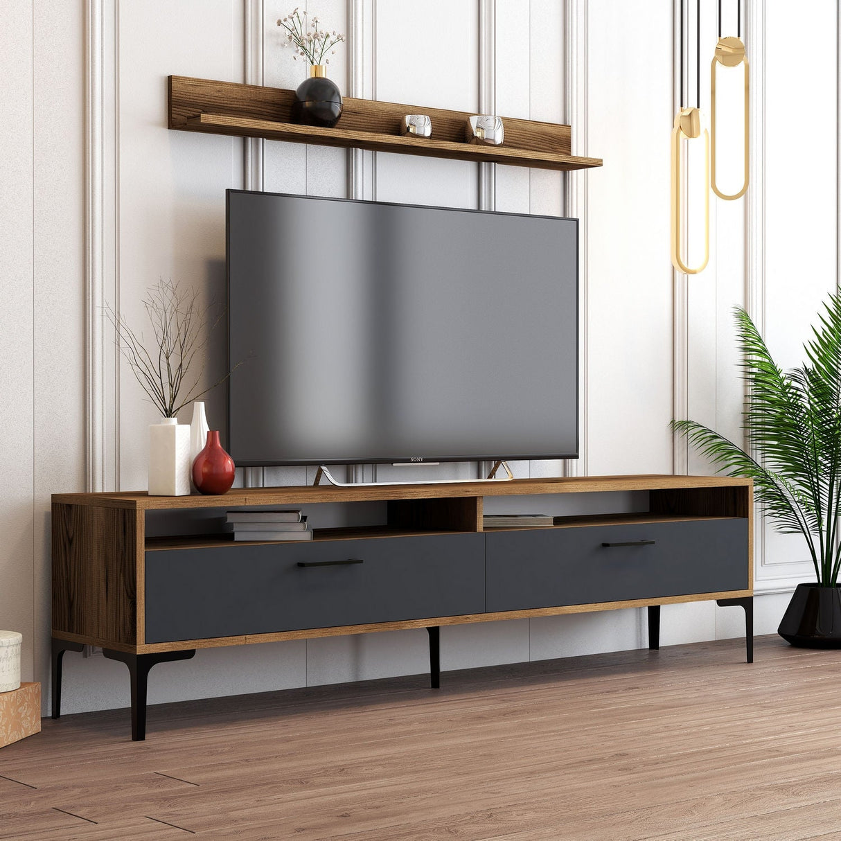 Set mobilă pentru sufragerie Istanbul, Diverse culori, 180x35x47 cm - Nuc - Antracit | SKU: 845HCT5272 | Set mobilă pentru sufragerie Istanbul, 180x35x47 cm, varianta Nuc - Antracit, produs pentru amenajarea locuinței, disponibil online în România la CasaMob