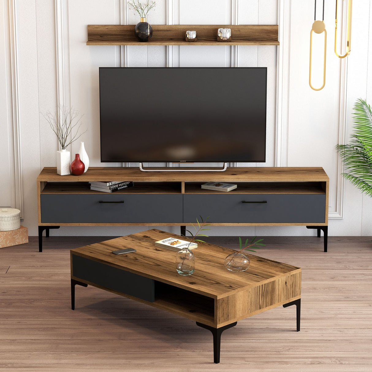 Set mobilă pentru sufragerie Istanbul, Diverse culori, 180x35x47 cm - Nuc - Antracit | SKU: 845HCT5272 | Set mobilă pentru sufragerie Istanbul, 180x35x47 cm, varianta Nuc - Antracit, produs pentru amenajarea locuinței, disponibil online în România la CasaMob