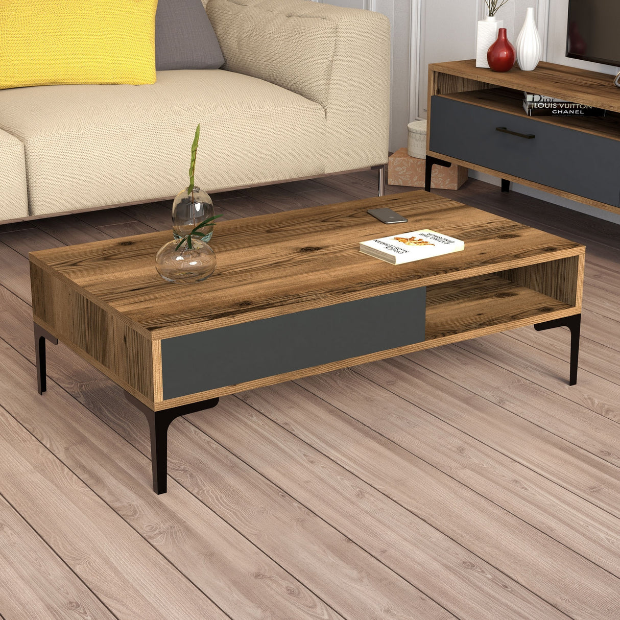 Set mobilă pentru sufragerie Istanbul, Diverse culori, 180x35x47 cm - Nuc - Antracit | SKU: 845HCT5272 | Set mobilă pentru sufragerie Istanbul, 180x35x47 cm, varianta Nuc - Antracit, produs pentru amenajarea locuinței, disponibil online în România la CasaMob
