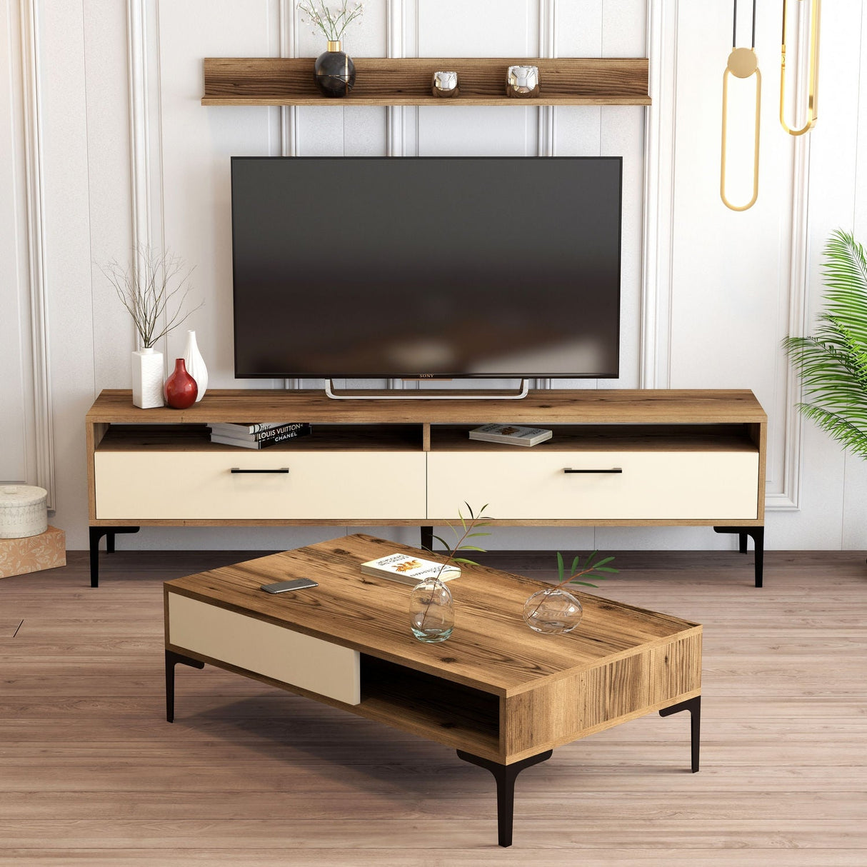 Set mobilă pentru sufragerie Istanbul, Diverse culori, 180x35x47 cm - Nuc - Crem | SKU: 845HCT5276 | Set mobilă pentru sufragerie Istanbul, 180x35x47 cm, varianta Nuc - Crem, produs pentru amenajarea locuinței, disponibil online în România la CasaMob