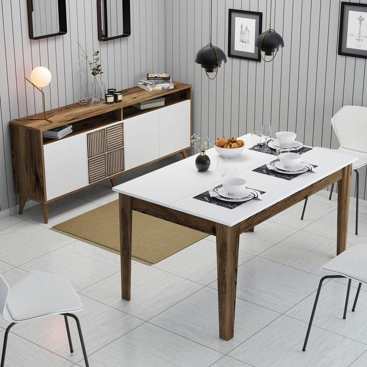 Set mobilă pentru sufragerie Milan 522, Nuc - Alb, 180x35x79 cm