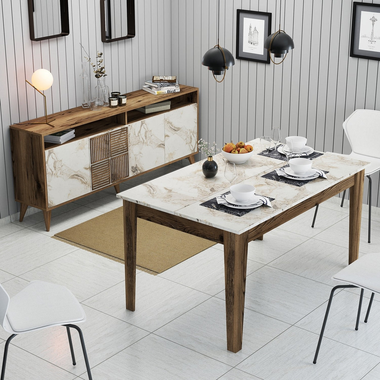 Set mobilă pentru sufragerie Milan 523, Nuc - Alb, 180x35x79 cm