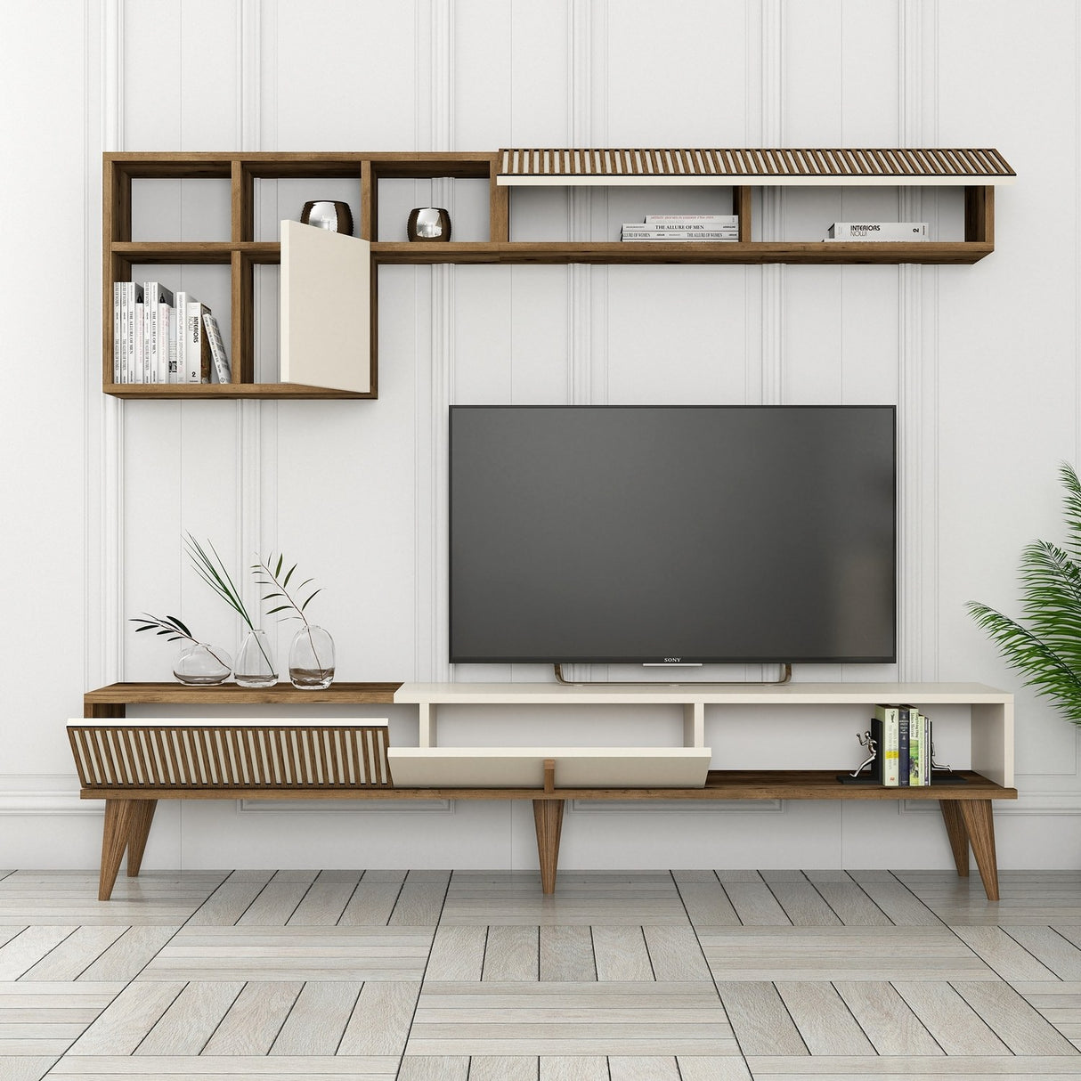 Set mobilă pentru sufragerie Milan Set 482, Nuc - Crem, 180x35x40 cm