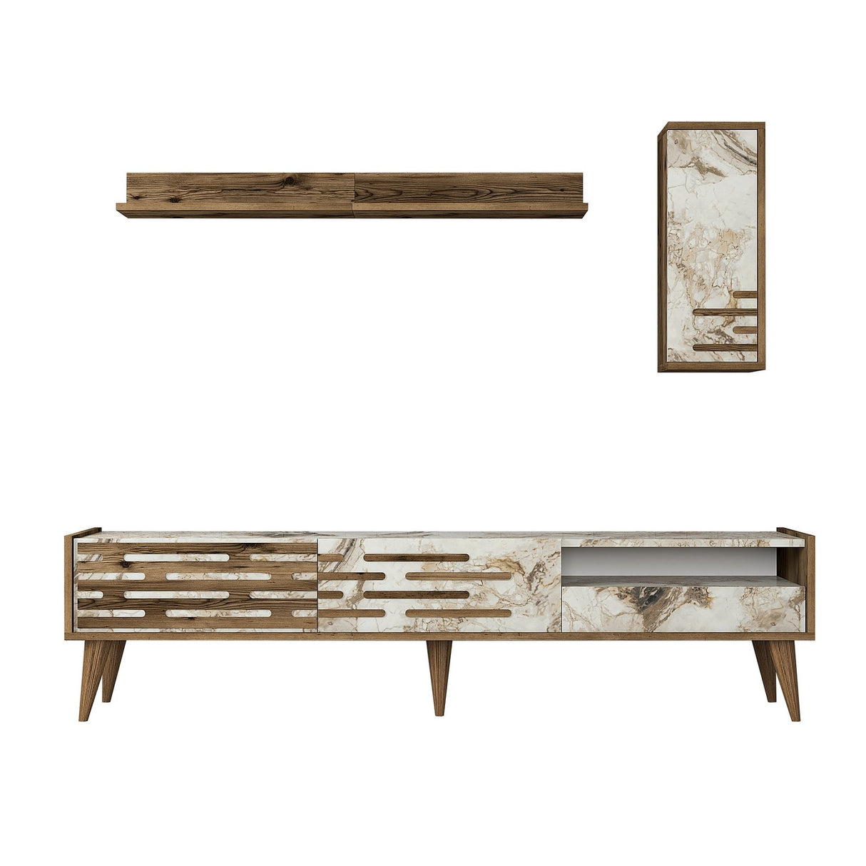 Comodă TV Valensiya, Nuc - Alb - Marble, 180x45x35 cm