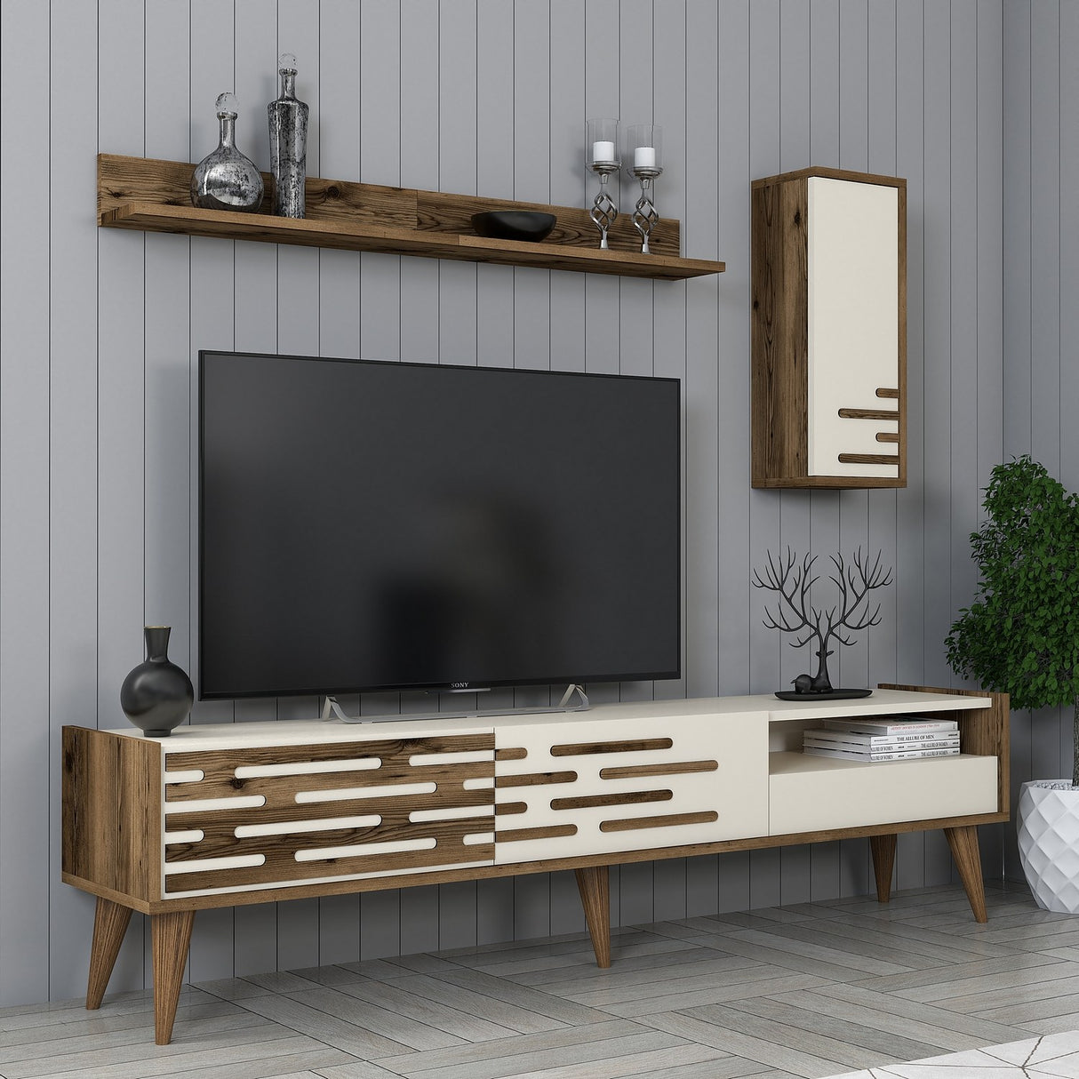 Comodă TV Valensiya, Nuc - Crem, 180x45x35 cm