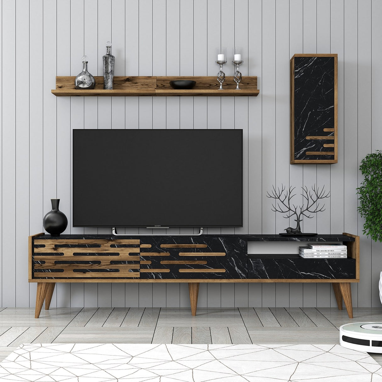 Comodă TV Valensiya, Nuc - Negru - Marble, 180x45x35 cm