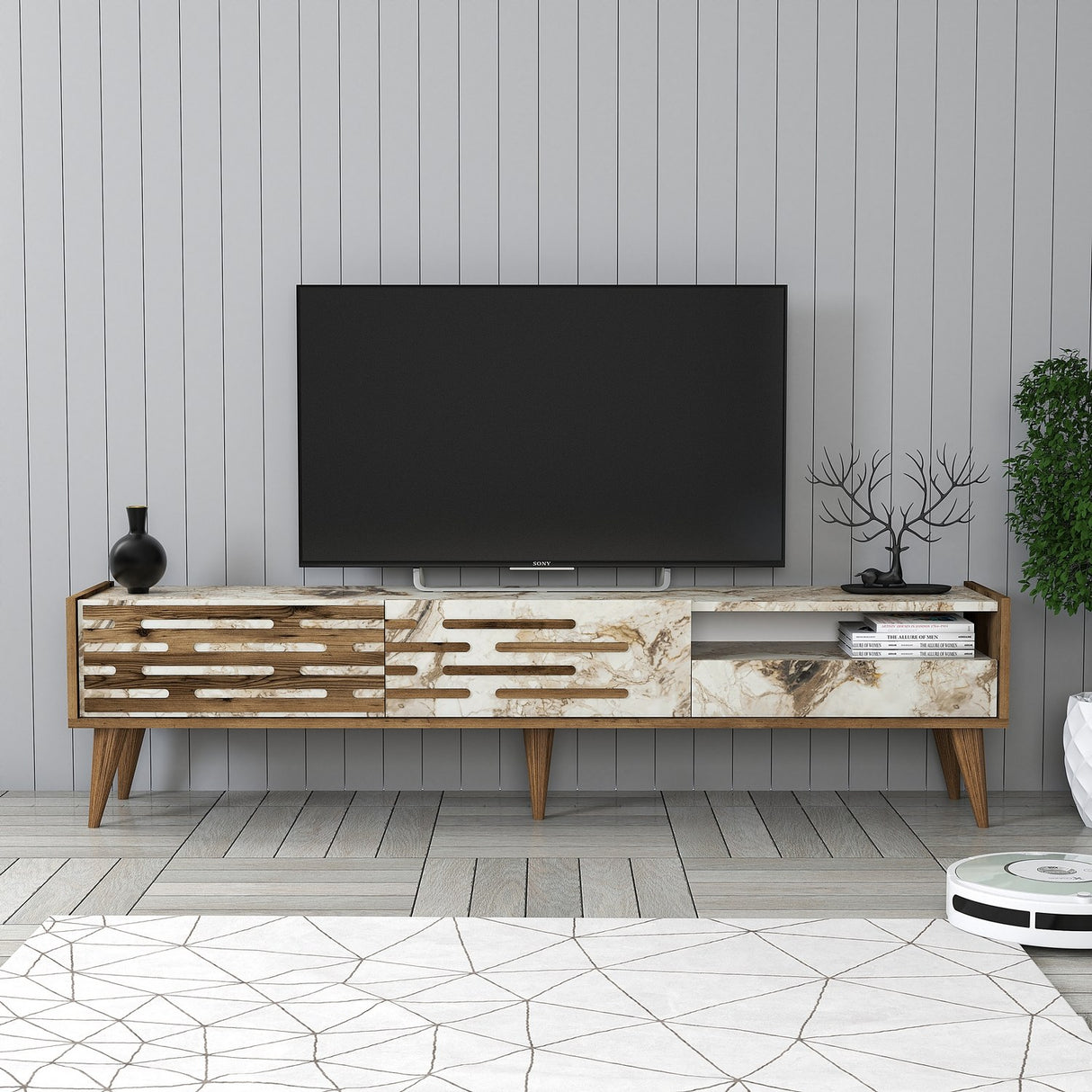 Comodă TV Valensiya, Nuc - Alb - Marble, 180x45x35 cm