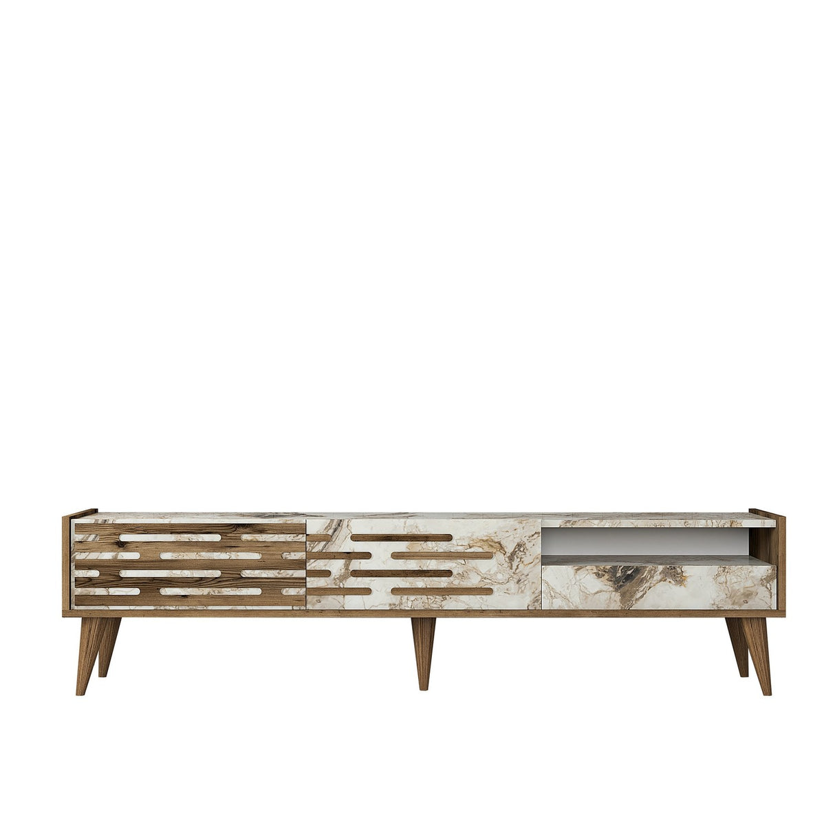 Comodă TV Valensiya, Nuc - Alb - Marble, 180x45x35 cm