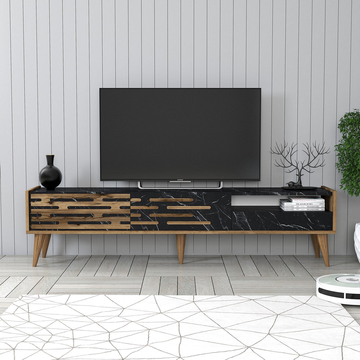 Comodă TV Valensiya, Nuc - Negru - Marble, 180x45x35 cm