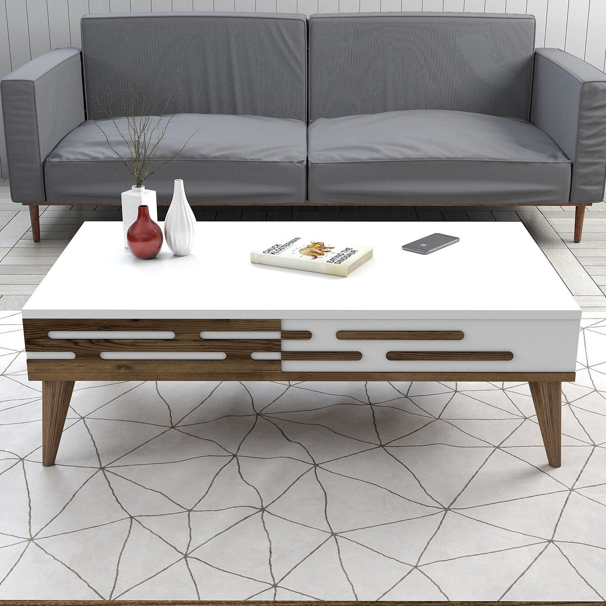 Măsuță de cafea Valensiya, Diverse culori, 105x60x35 cm - Nuc - Alb | SKU: 845HCT5357 | Măsuță de cafea Valensiya, 105x60x35 cm, varianta Nuc - Alb, produs pentru amenajarea locuinței, disponibil online în România la CasaMob