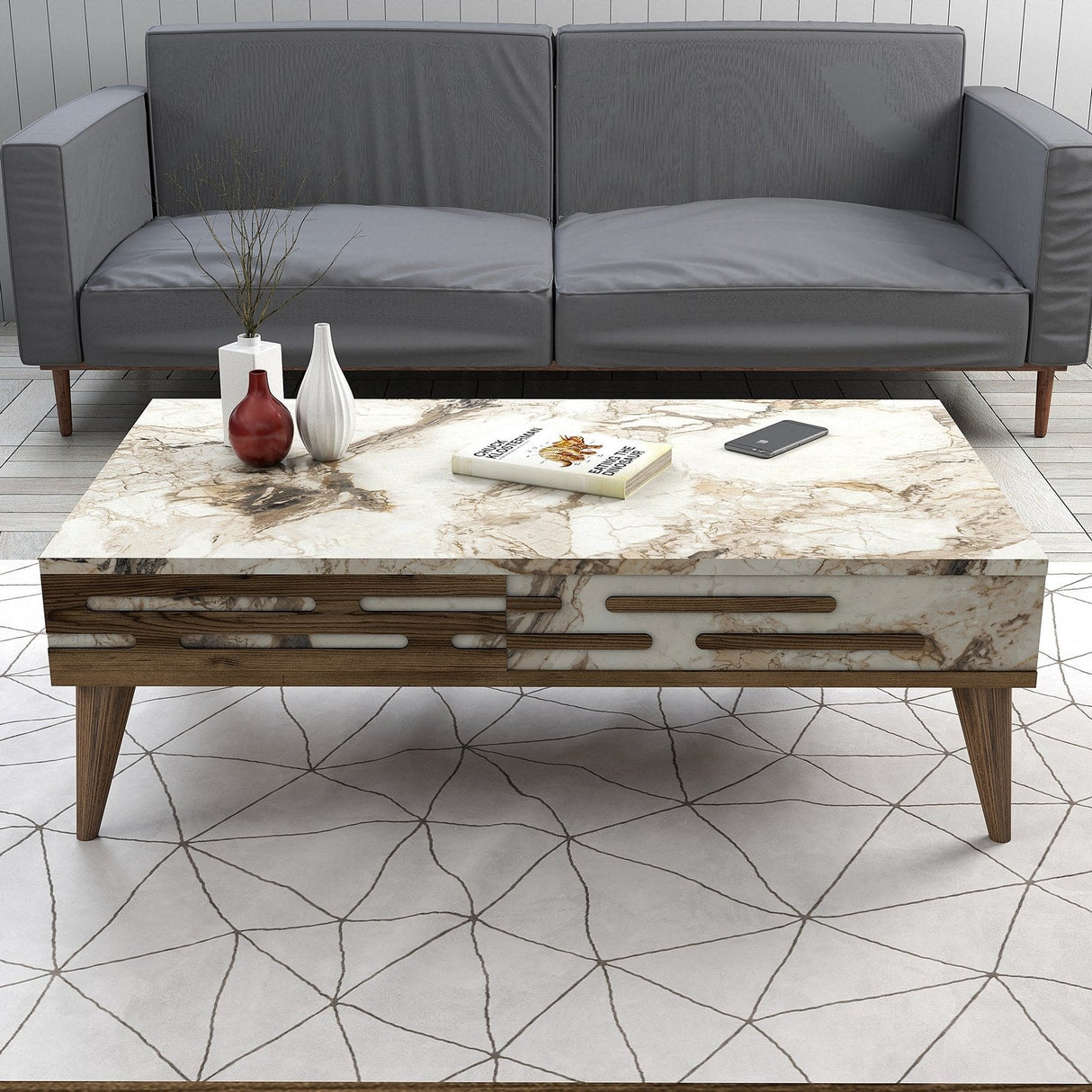 Măsuță de cafea Valensiya, Diverse culori, 105x60x35 cm - Nuc - Alb - Marble | SKU: 845HCT5358 | Măsuță de cafea Valensiya, 105x60x35 cm, varianta Nuc - Alb - Marble, produs pentru amenajarea locuinței, disponibil online în România la CasaMob