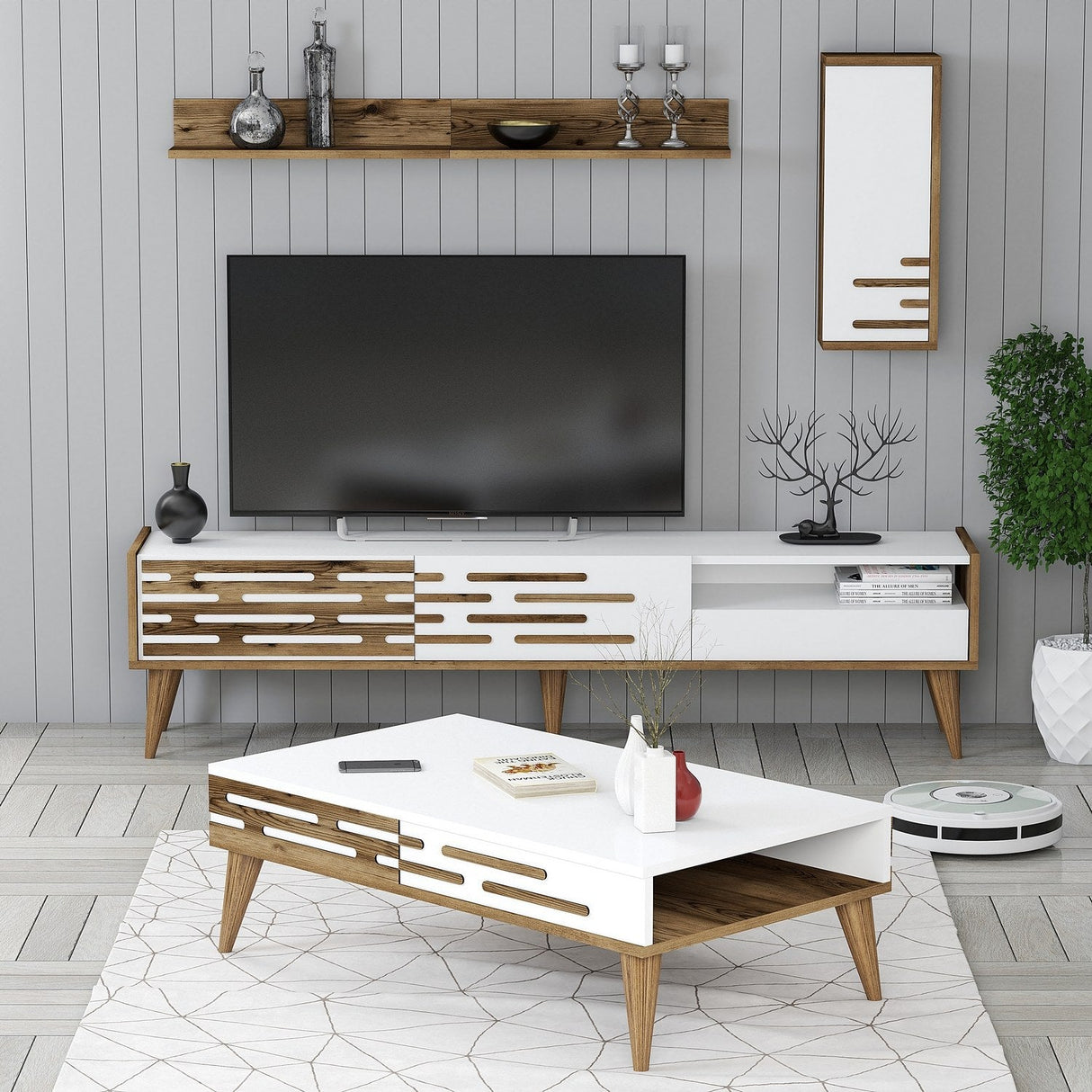 Set mobilă pentru sufragerie Valensiya, Diverse culori, 180x45x35 cm - Nuc - Alb | SKU: 845HCT5364 | Set mobilă pentru sufragerie Valensiya, 180x45x35 cm, varianta Nuc - Alb, produs pentru amenajarea locuinței, disponibil online în România la CasaMob