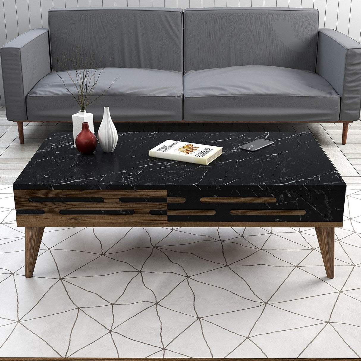 Set mobilă pentru sufragerie Valensiya, Diverse culori, 180x45x35 cm - Nuc - Negru - Marble | SKU: 845HCT5368 | Set mobilă pentru sufragerie Valensiya, 180x45x35 cm, varianta Nuc - Negru - Marble, produs pentru amenajarea locuinței, disponibil online în România la CasaMob