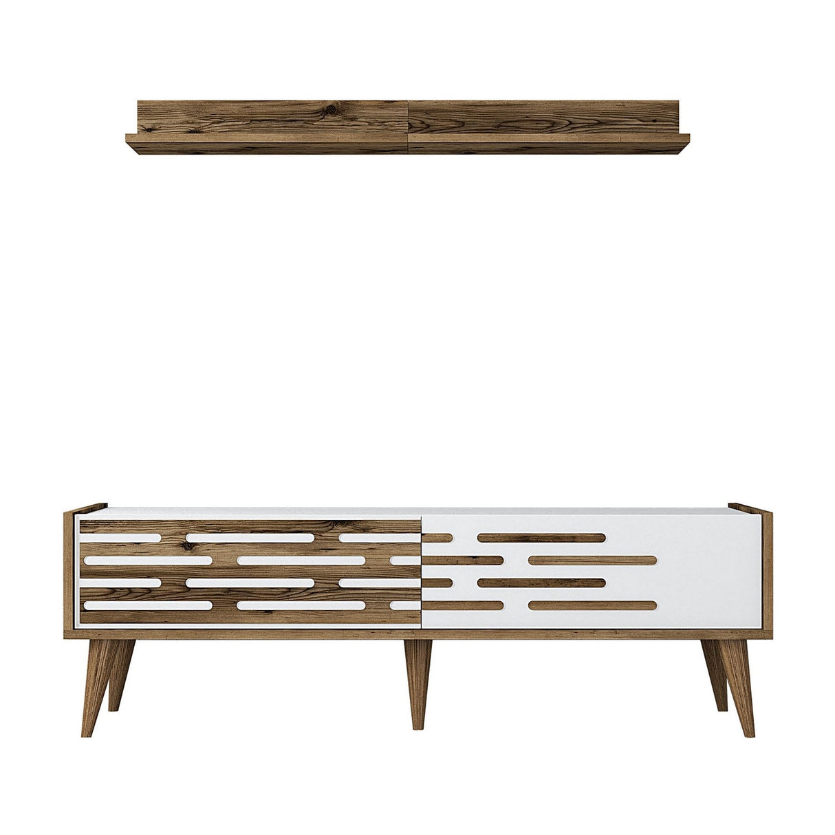 Comodă TV Valensiya 140, Diverse culori, 140x45x35 cm - Nuc - Alb | SKU: 845HCT5385 | Comodă TV Valensiya 140, 140x45x35 cm, varianta Nuc - Alb, produs pentru amenajarea locuinței, disponibil online în România la CasaMob