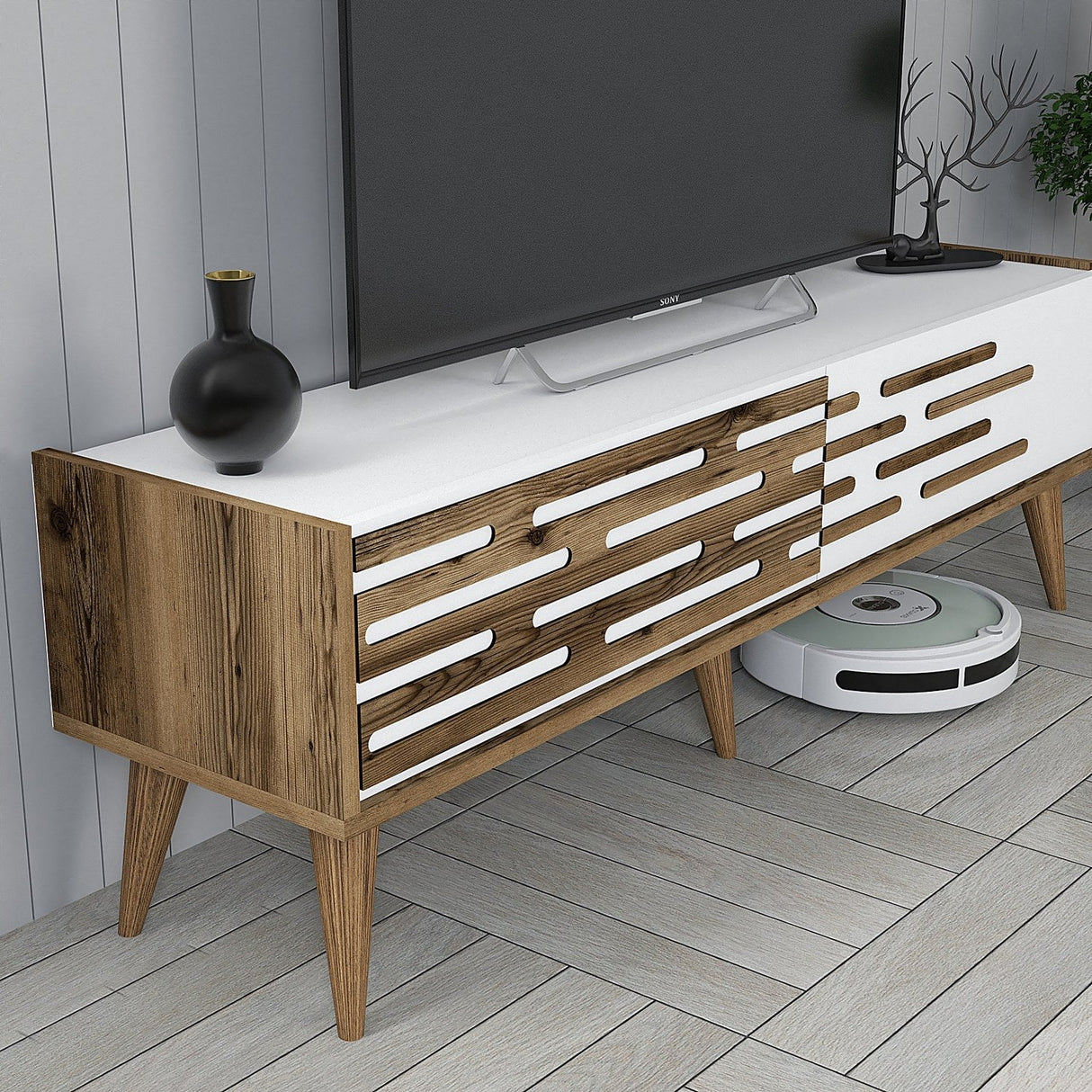 Comodă TV Valensiya 140, Diverse culori, 140x45x35 cm - Nuc - Alb | SKU: 845HCT5385 | Comodă TV Valensiya 140, 140x45x35 cm, varianta Nuc - Alb, produs pentru amenajarea locuinței, disponibil online în România la CasaMob