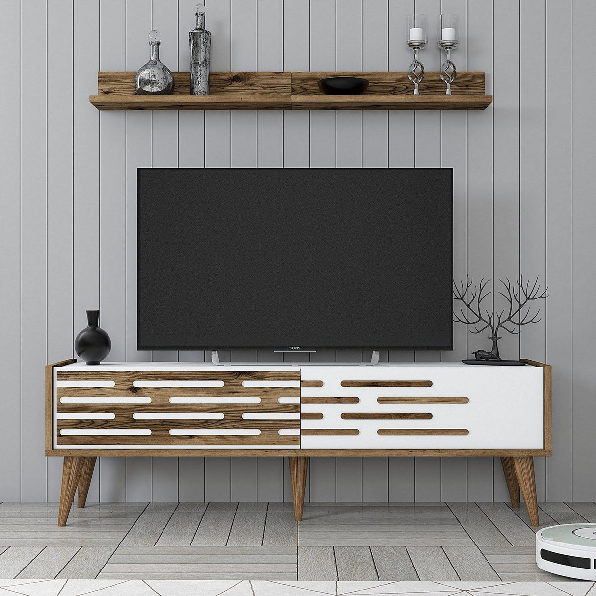 Comodă TV Valensiya 140, Diverse culori, 140x45x35 cm - Nuc - Alb | SKU: 845HCT5385 | Comodă TV Valensiya 140, 140x45x35 cm, varianta Nuc - Alb, produs pentru amenajarea locuinței, disponibil online în România la CasaMob