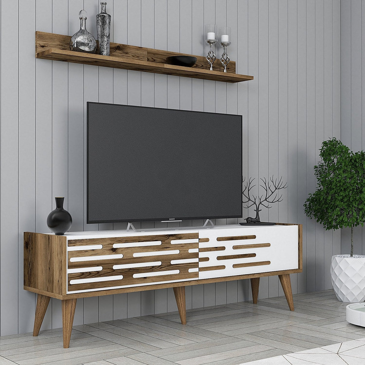 Comodă TV Valensiya 140, Diverse culori, 140x45x35 cm - Nuc - Alb | SKU: 845HCT5385 | Comodă TV Valensiya 140, 140x45x35 cm, varianta Nuc - Alb, produs pentru amenajarea locuinței, disponibil online în România la CasaMob
