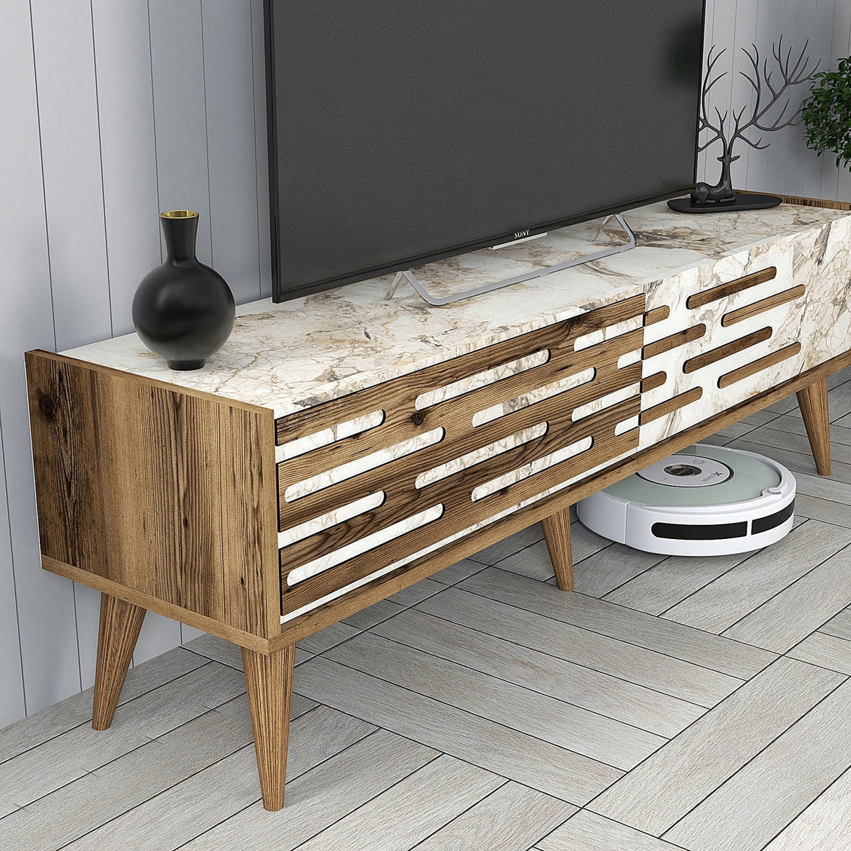 Comodă TV Valensiya 140, Diverse culori, 140x45x35 cm - Nuc - Alb - Marble | SKU: 845HCT5386 | Comodă TV Valensiya 140, 140x45x35 cm, varianta Nuc - Alb - Marble, produs pentru amenajarea locuinței, disponibil online în România la CasaMob