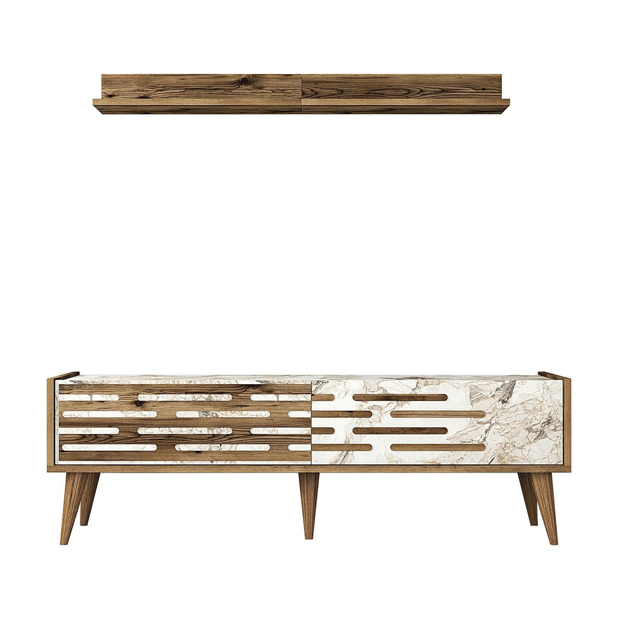 Comodă TV Valensiya 140, Diverse culori, 140x45x35 cm - Nuc - Alb - Marble | SKU: 845HCT5386 | Comodă TV Valensiya 140, 140x45x35 cm, varianta Nuc - Alb - Marble, produs pentru amenajarea locuinței, disponibil online în România la CasaMob