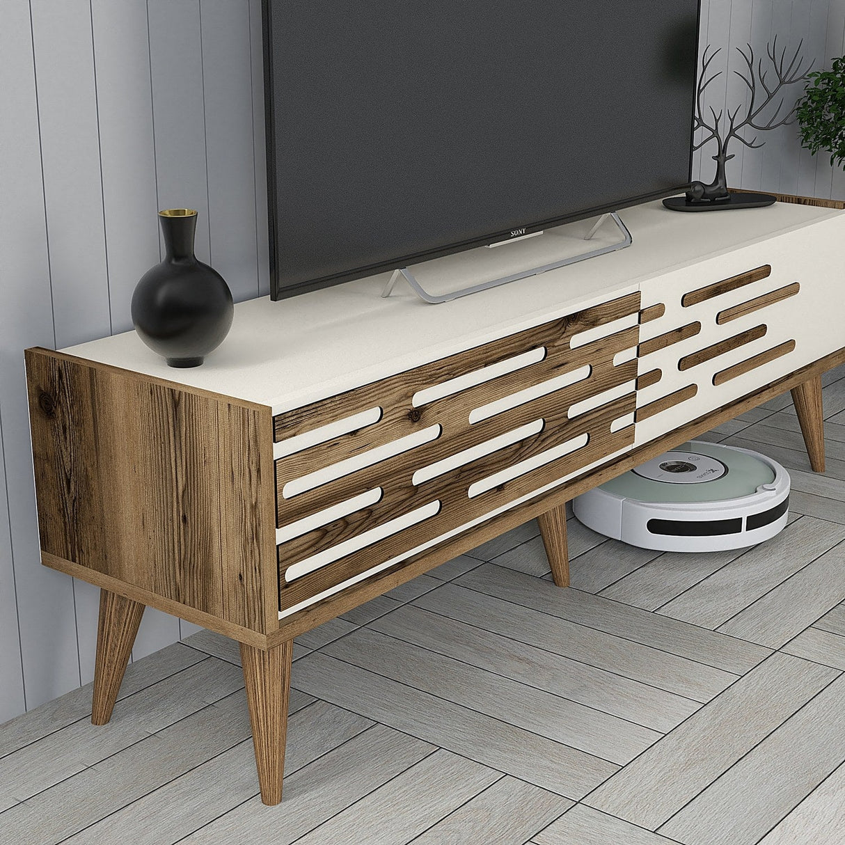 Comodă TV Valensiya 140, Diverse culori, 140x45x35 cm - Nuc - Crem | SKU: 845HCT5388 | Comodă TV Valensiya 140, 140x45x35 cm, varianta Nuc - Crem, produs pentru amenajarea locuinței, disponibil online în România la CasaMob
