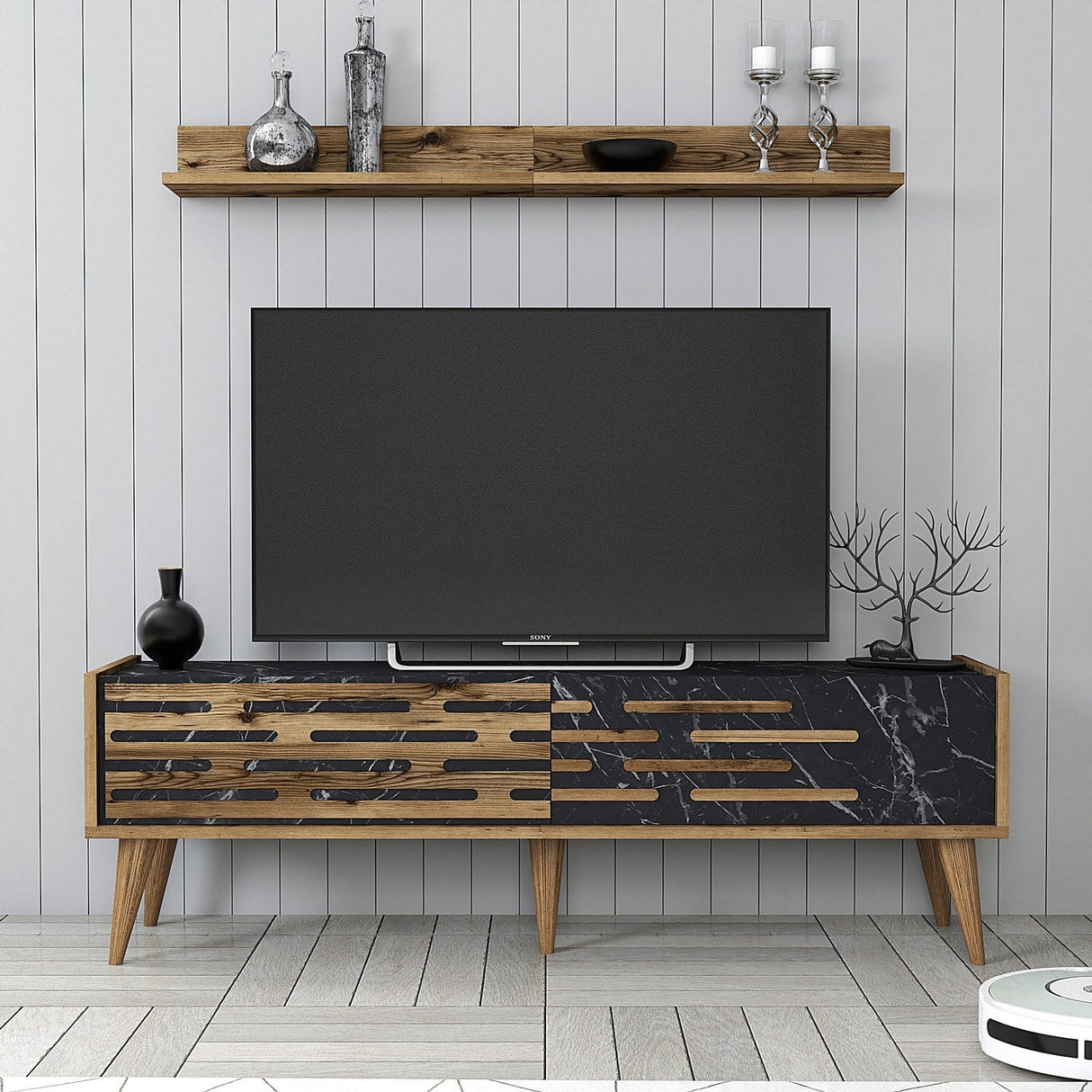 Comodă TV Valensiya 140, Diverse culori, 140x45x35 cm - Nuc - Negru - Marble | SKU: 845HCT5389 | Comodă TV Valensiya 140, 140x45x35 cm, varianta Nuc - Negru - Marble, produs pentru amenajarea locuinței, disponibil online în România la CasaMob