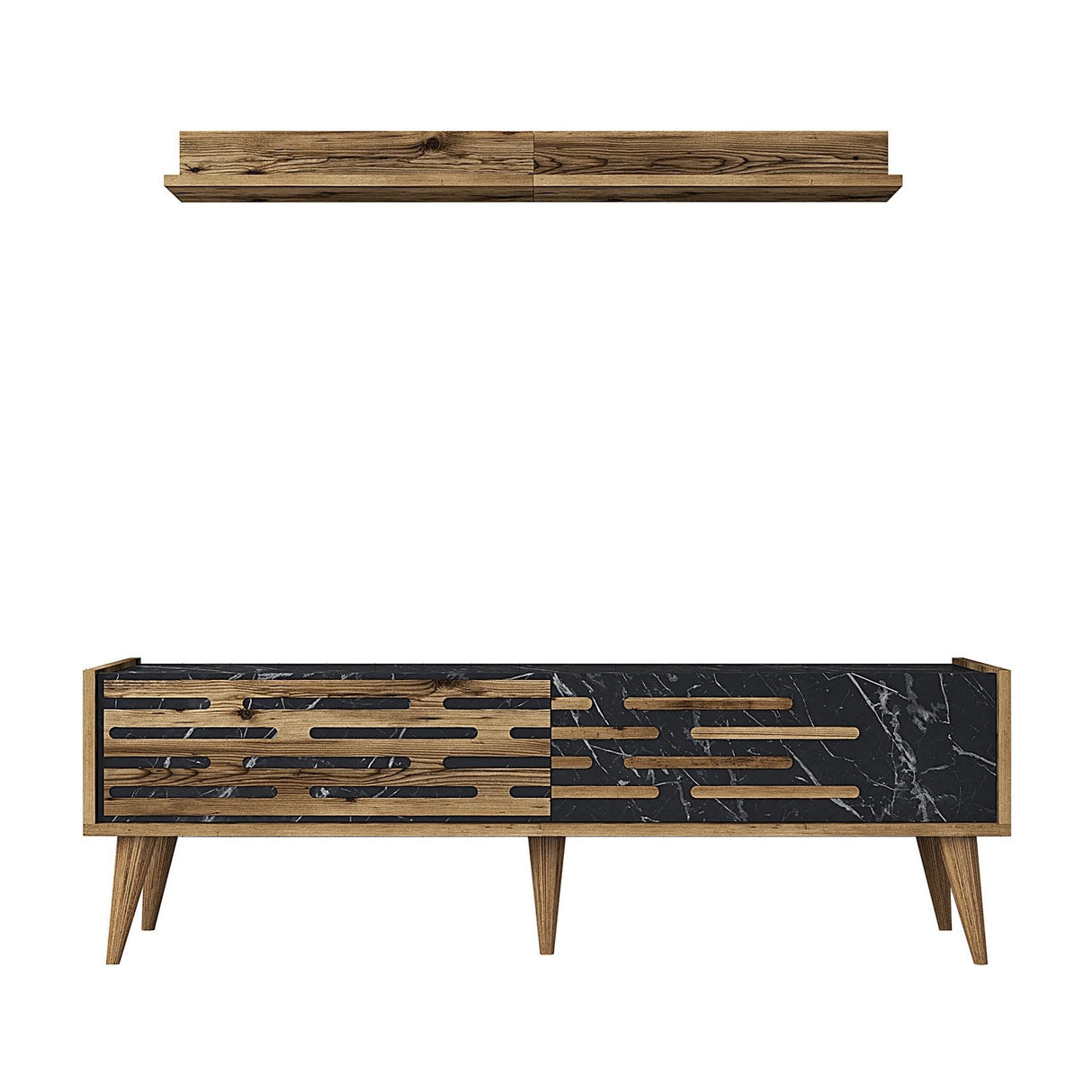 Comodă TV Valensiya 140, Diverse culori, 140x45x35 cm - Nuc - Negru - Marble | SKU: 845HCT5389 | Comodă TV Valensiya 140, 140x45x35 cm, varianta Nuc - Negru - Marble, produs pentru amenajarea locuinței, disponibil online în România la CasaMob