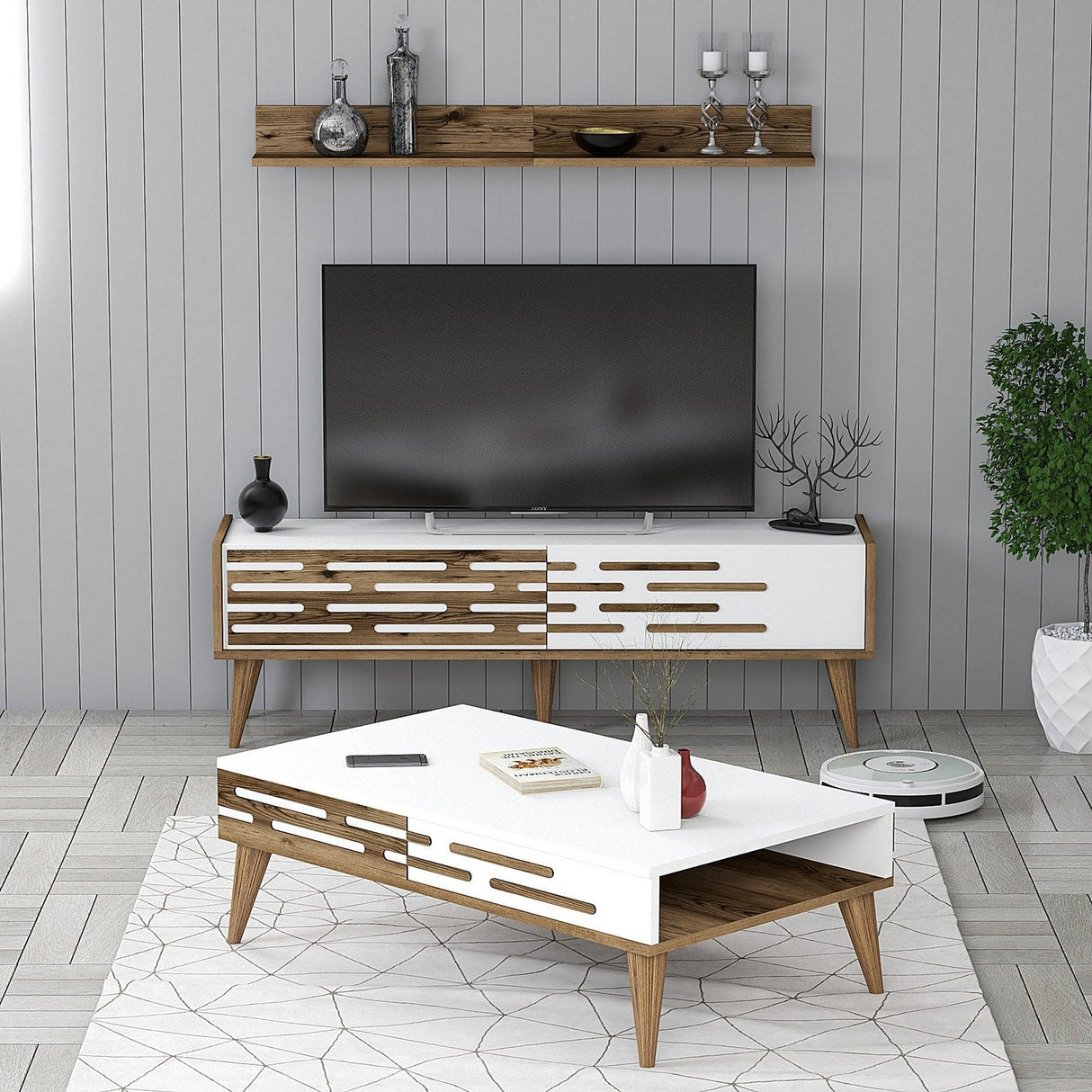 Set mobilă pentru sufragerie Valensiya 140, Diverse culori, 140x45x35 cm - Nuc - Alb | SKU: 845HCT5392 | Set mobilă pentru sufragerie Valensiya 140, 140x45x35 cm, varianta Nuc - Alb, produs pentru amenajarea locuinței, disponibil online în România la CasaMob
