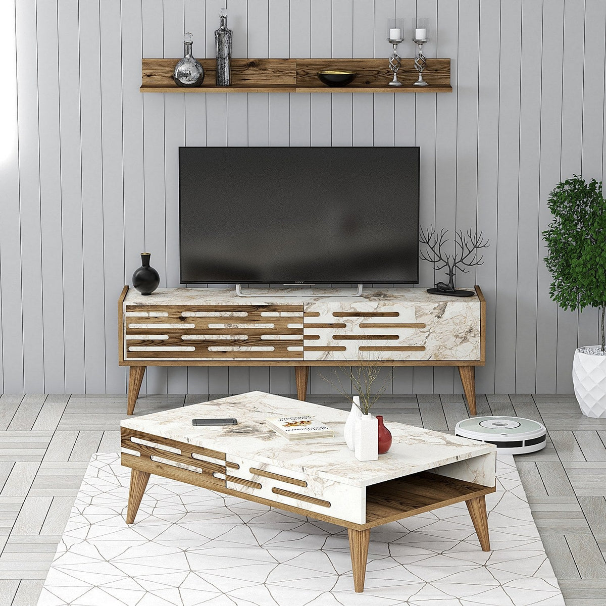 Nuc - Alb - Marble | SKU: 845HCT5393 | Set mobilă pentru sufragerie Valensiya 140, 140x45x35 cm, varianta Nuc - Alb - Marble, produs pentru amenajarea locuinței, disponibil online în România la CasaMob