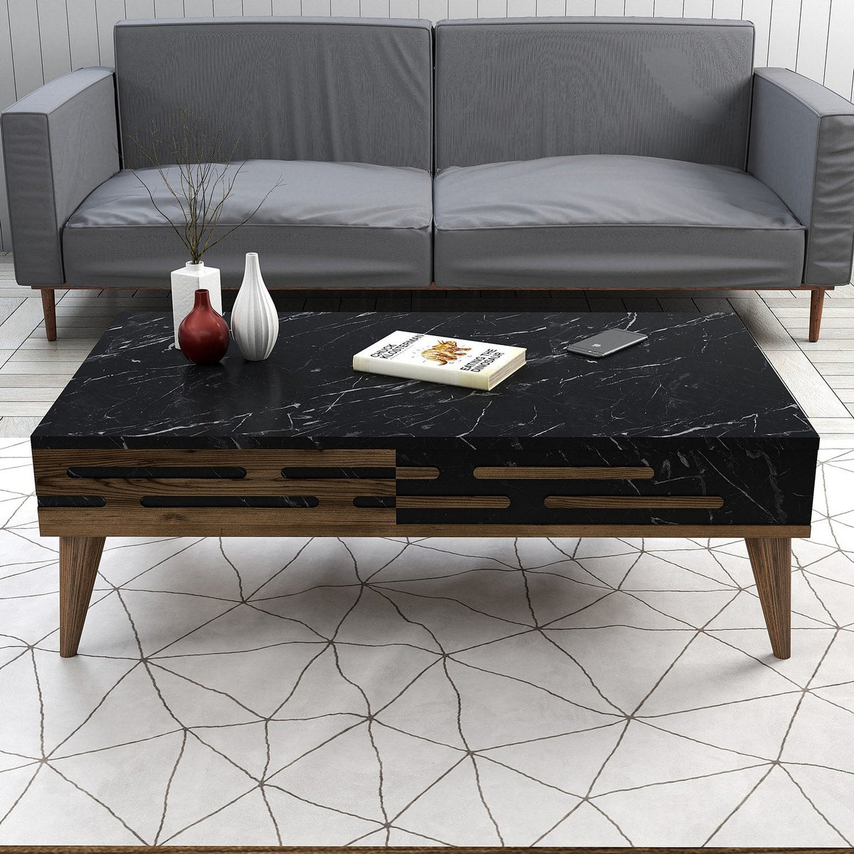 Nuc - Negru - Marble | SKU: 845HCT5396 | Set mobilă pentru sufragerie Valensiya 140, 140x45x35 cm, varianta Nuc - Negru - Marble, produs pentru amenajarea locuinței, disponibil online în România la CasaMob