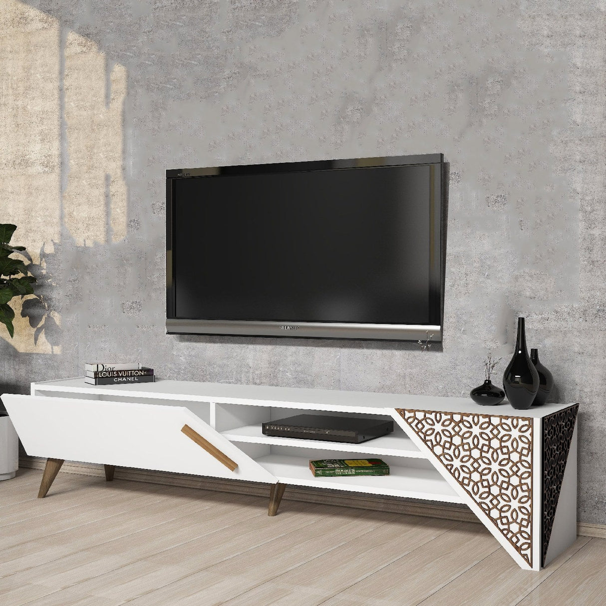 Comodă TV Beril 2, Diverse culori, 180x40x37 cm - Alb | SKU: 845HCT5501 | Comodă TV Beril 2, 180x40x37 cm, varianta Alb, produs pentru amenajarea locuinței, disponibil online în România la CasaMob
