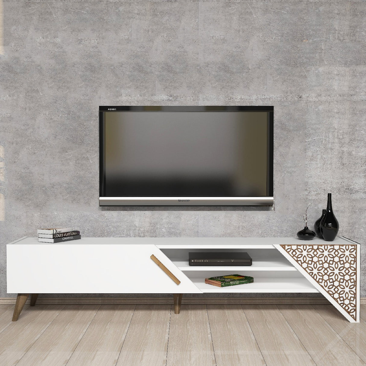 Comodă TV Beril 2, Diverse culori, 180x40x37 cm - Alb | SKU: 845HCT5501 | Comodă TV Beril 2, 180x40x37 cm, varianta Alb, produs pentru amenajarea locuinței, disponibil online în România la CasaMob
