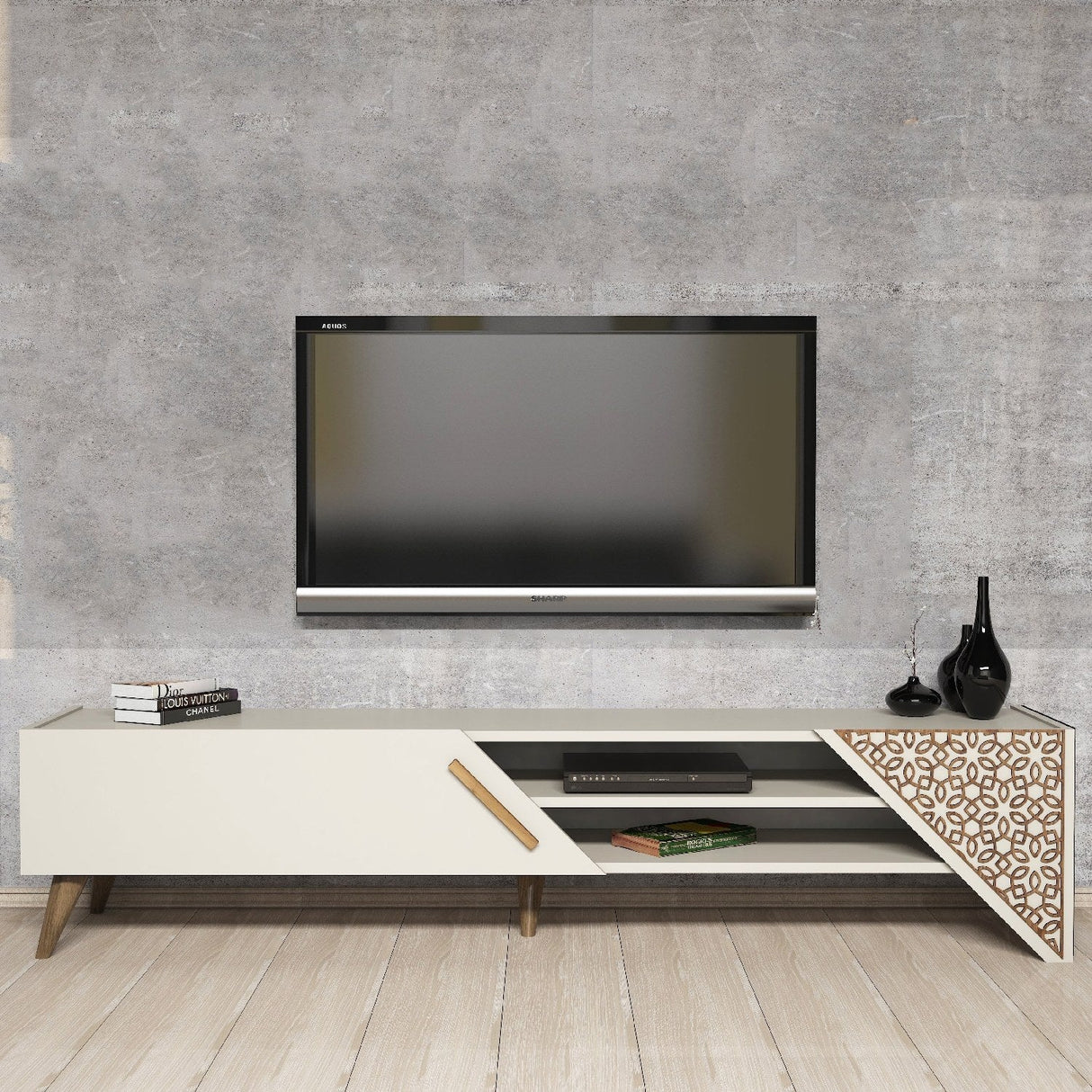 Comodă TV Beril 2, Diverse culori, 180x40x37 cm - Crem | SKU: 845HCT5502 | Comodă TV Beril 2, 180x40x37 cm, varianta Crem, produs pentru amenajarea locuinței, disponibil online în România la CasaMob