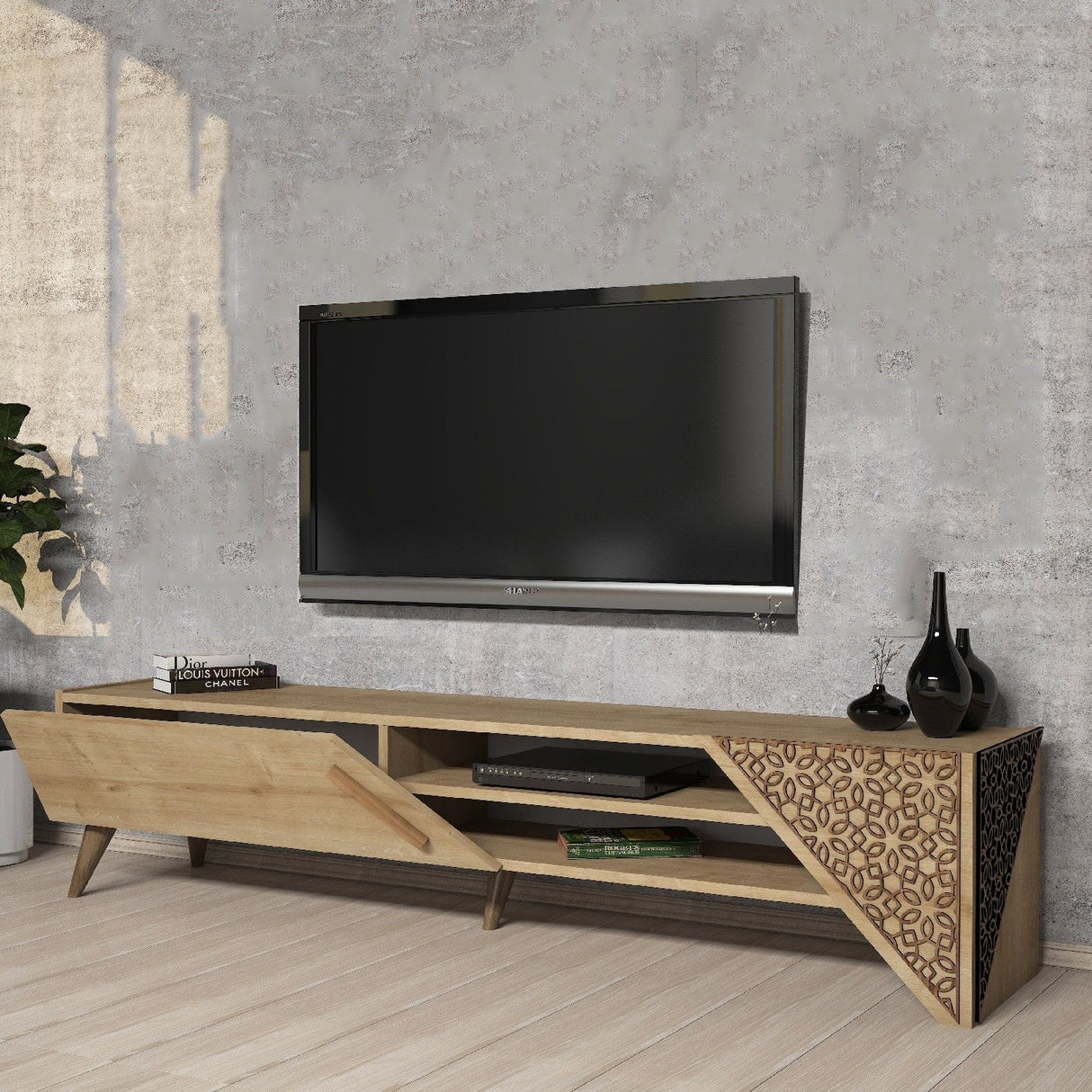 Comodă TV Beril 2, Diverse culori, 180x40x37 cm - Stejar | SKU: 845HCT5503 | Comodă TV Beril 2, 180x40x37 cm, varianta Stejar, produs pentru amenajarea locuinței, disponibil online în România la CasaMob