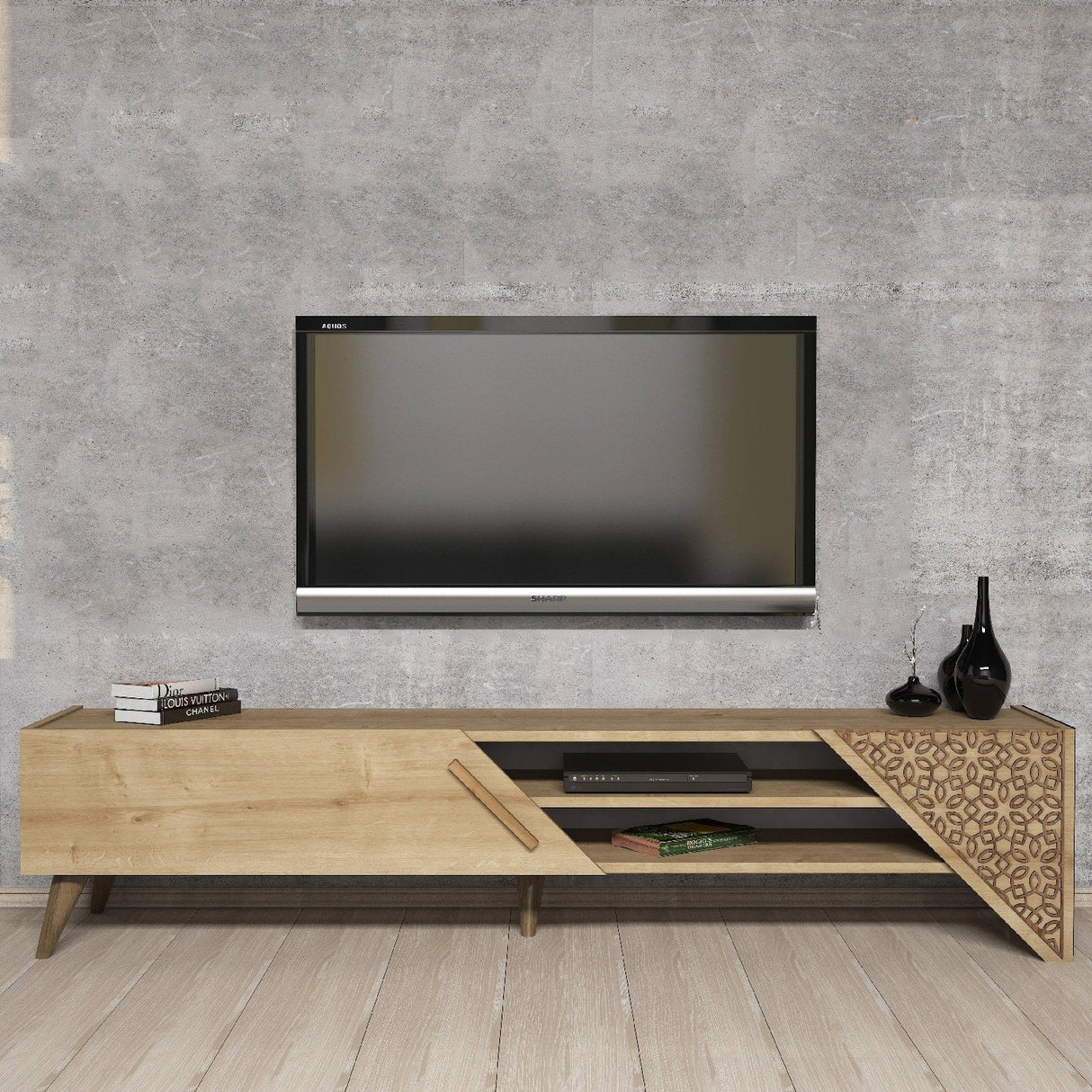 Comodă TV Beril 2, Diverse culori, 180x40x37 cm - Stejar | SKU: 845HCT5503 | Comodă TV Beril 2, 180x40x37 cm, varianta Stejar, produs pentru amenajarea locuinței, disponibil online în România la CasaMob