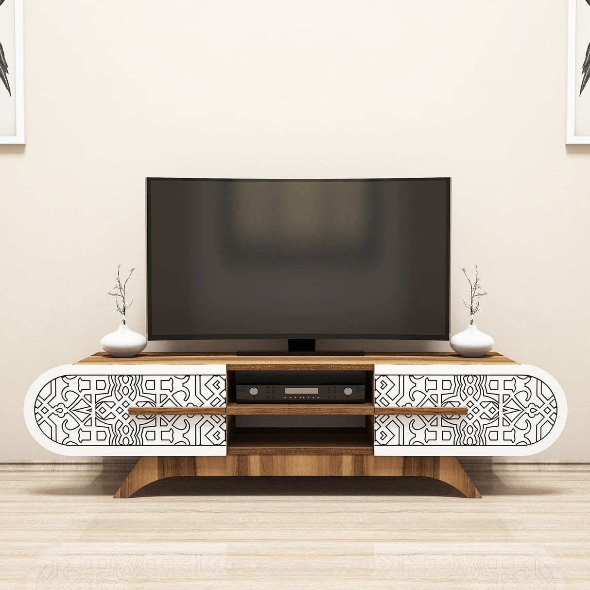 Comodă TV Defne, Diverse culori, Diverse dimensiuni - Nuc - Alb - 145x37x37 cm | SKU: 845HCT5504 | Comodă TV Defne, varianta Nuc - Alb - 145x37x37 cm, produs pentru amenajarea locuinței, disponibil online în România la CasaMob