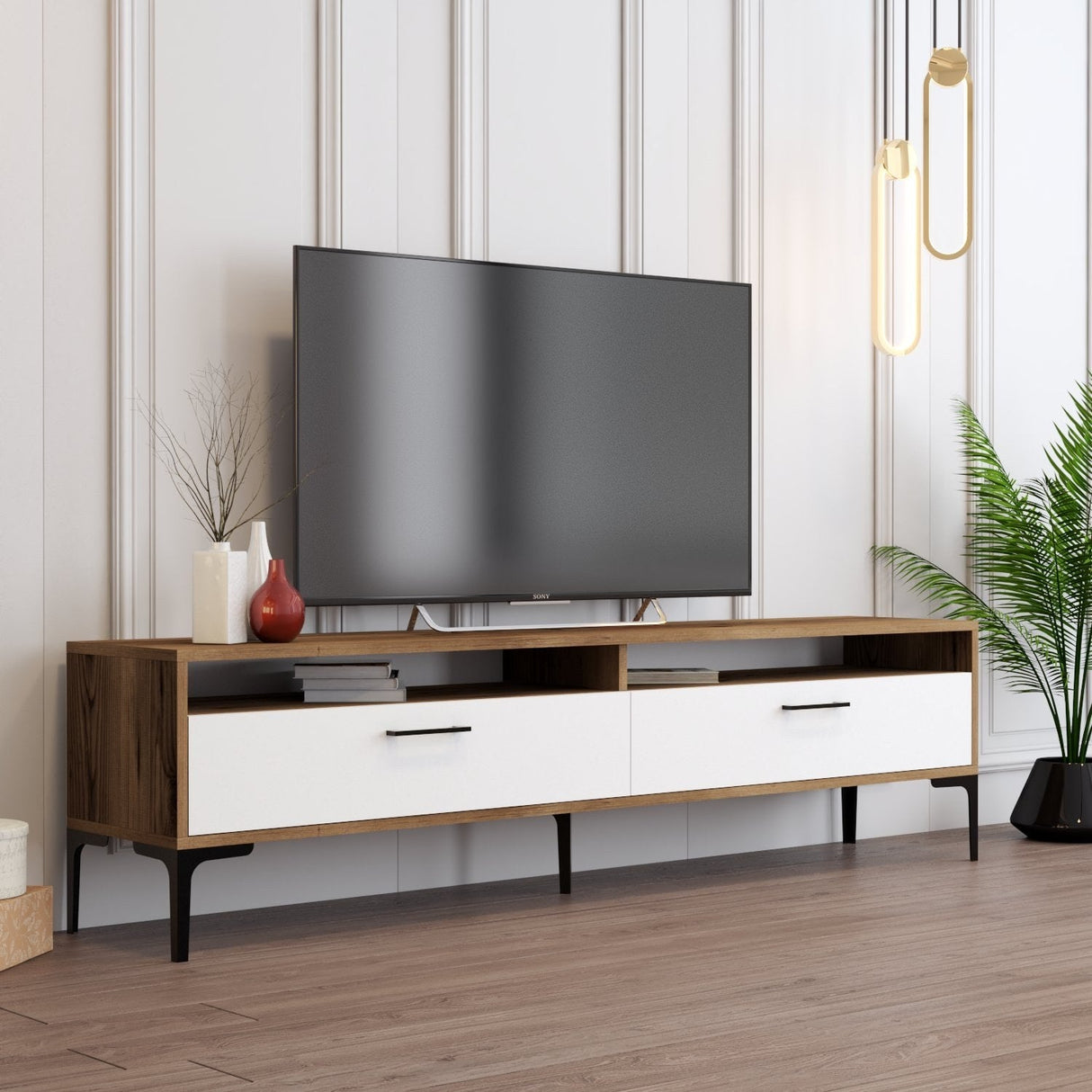 Comodă TV Istanbul 2, Diverse culori, 180x47x35 cm - Nuc - Alb | SKU: 845HCT5516 | Comodă TV Istanbul 2, 180x47x35 cm, varianta Nuc - Alb, produs pentru amenajarea locuinței, disponibil online în România la CasaMob