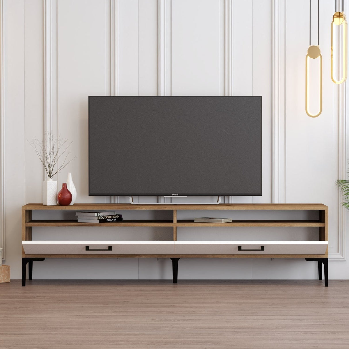 Comodă TV Istanbul 2, Diverse culori, 180x47x35 cm - Nuc - Alb | SKU: 845HCT5516 | Comodă TV Istanbul 2, 180x47x35 cm, varianta Nuc - Alb, produs pentru amenajarea locuinței, disponibil online în România la CasaMob