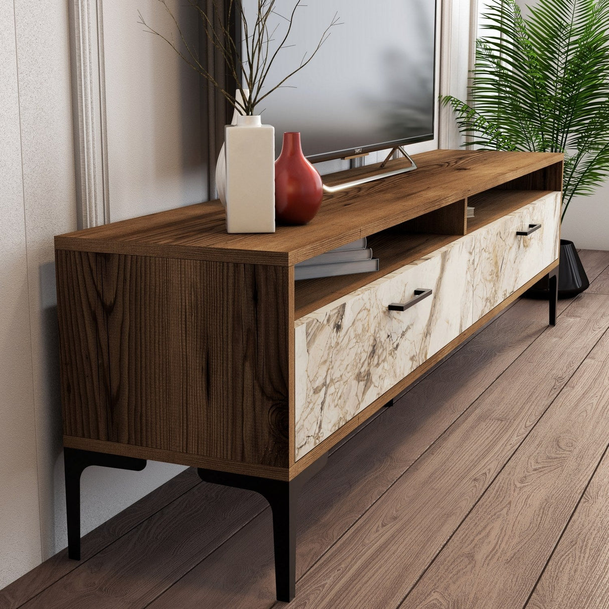 Comodă TV Istanbul 2, Diverse culori, 180x47x35 cm - Nuc - White marble | SKU: 845HCT5517 | Comodă TV Istanbul 2, 180x47x35 cm, varianta Nuc - White marble, produs pentru amenajarea locuinței, disponibil online în România la CasaMob