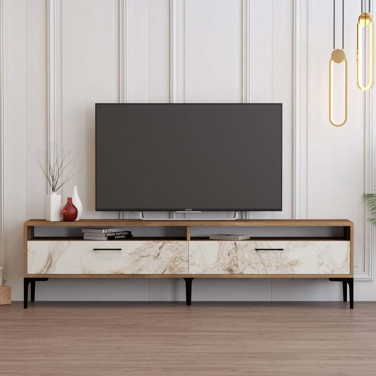 Comodă TV Istanbul 2, Diverse culori, 180x47x35 cm - Nuc - White marble | SKU: 845HCT5517 | Comodă TV Istanbul 2, 180x47x35 cm, varianta Nuc - White marble, produs pentru amenajarea locuinței, disponibil online în România la CasaMob