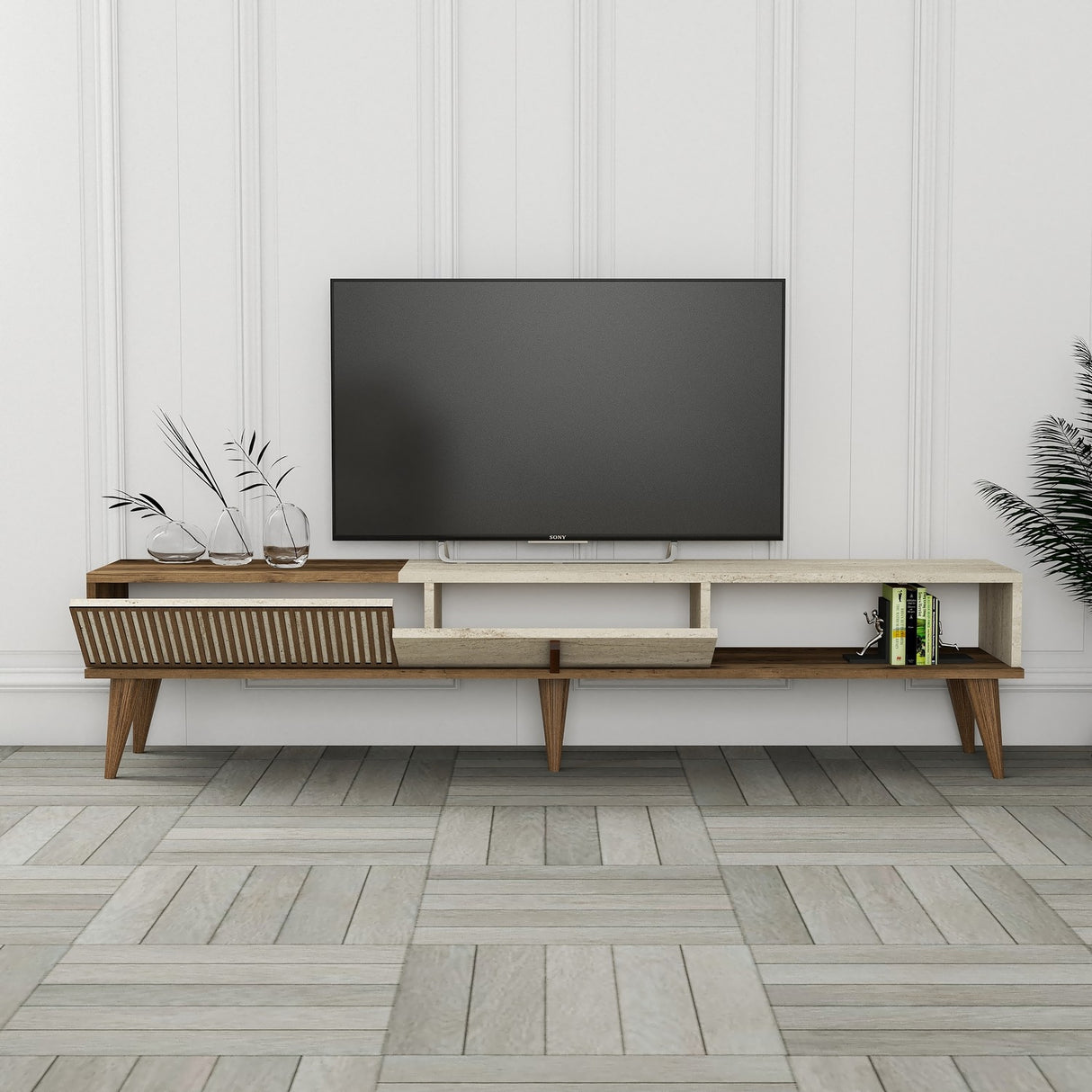 Comodă TV Milan, Nuc - Travertin, 180x35x40 cm