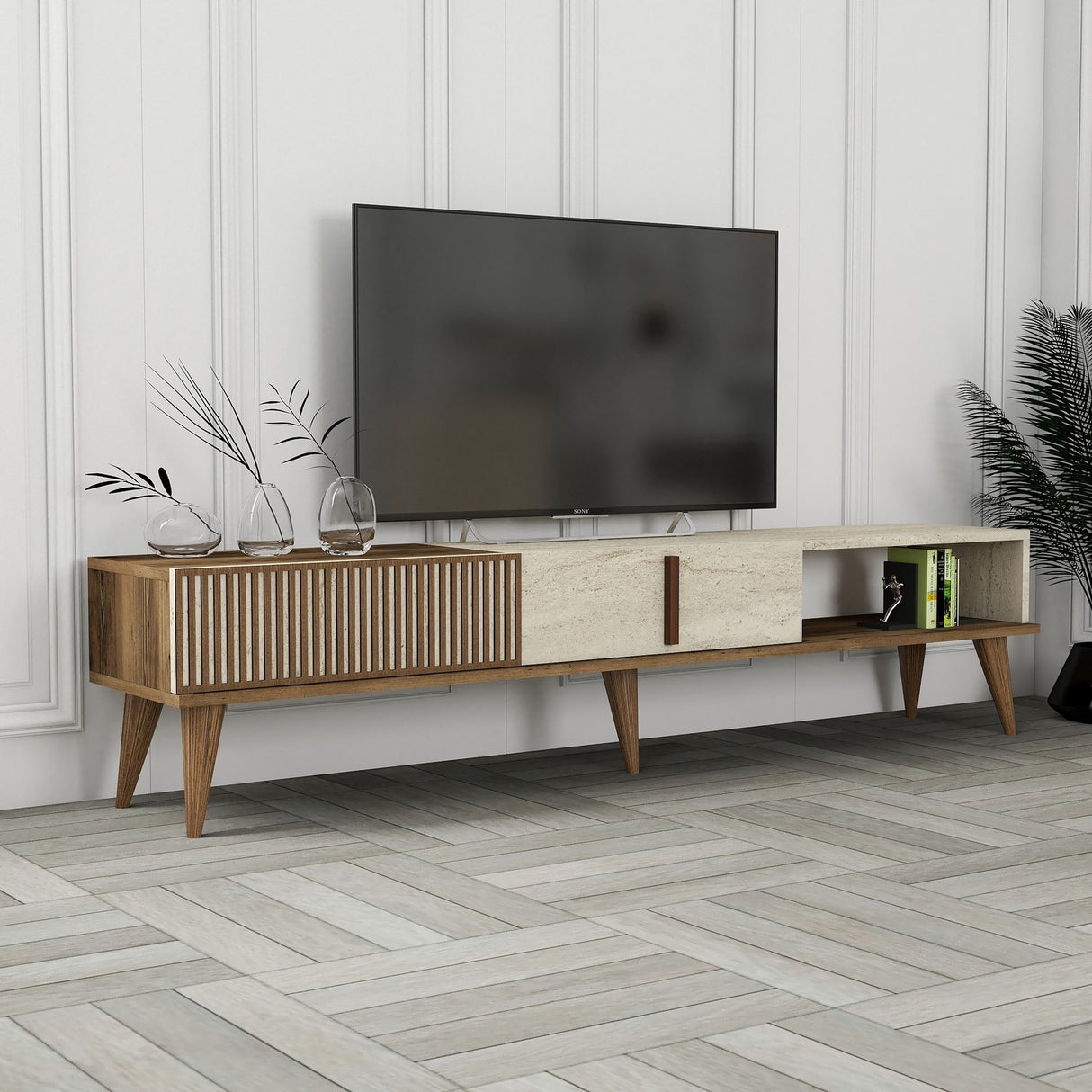 Comodă TV Milan, Nuc - Travertin, 180x35x40 cm