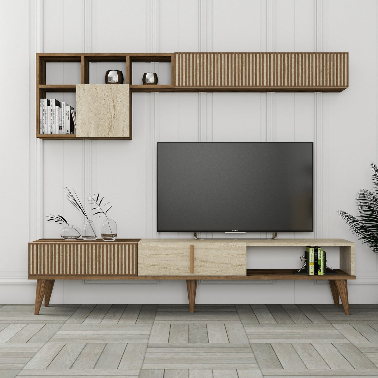 Comodă TV Milan, Nuc - Travertin, 180x35x40 cm