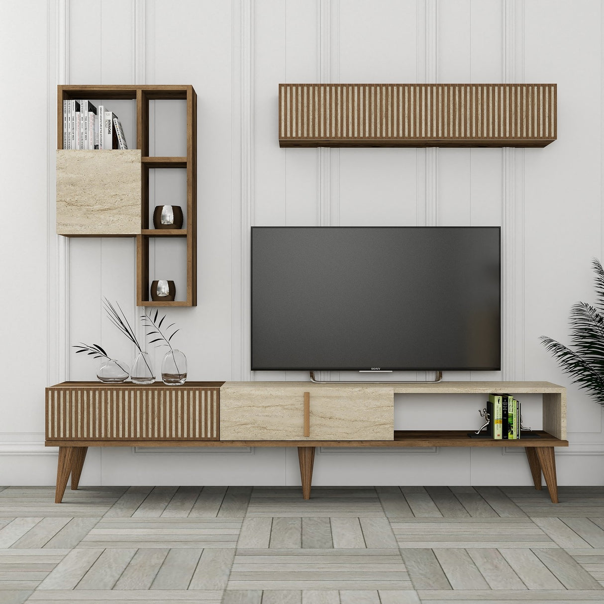 Comodă TV Milan, Nuc - Travertin, 180x35x40 cm