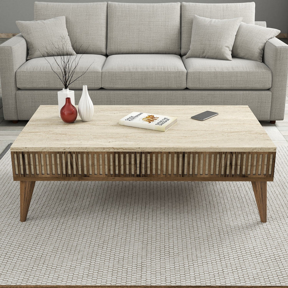 Măsuță de cafea Milan, Diverse culori, 105x60x35 cm - Nuc - Travertin | SKU: 845HCT5608 | Măsuță de cafea Milan, 105x60x35 cm, varianta Nuc - Travertin, produs pentru amenajarea locuinței, disponibil online în România la CasaMob