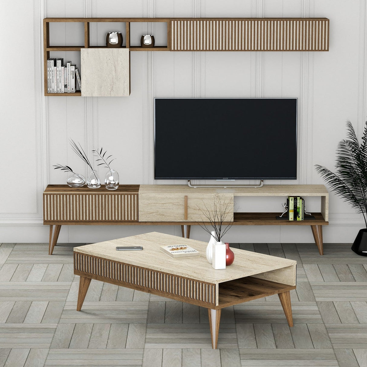 Set mobilă pentru sufragerie Milan, Diverse culori, 180x35x40 cm - Nuc - Travertin | SKU: 845HCT5609 | Set mobilă pentru sufragerie Milan, 180x35x40 cm, varianta Nuc - Travertin, produs pentru amenajarea locuinței, disponibil online în România la CasaMob