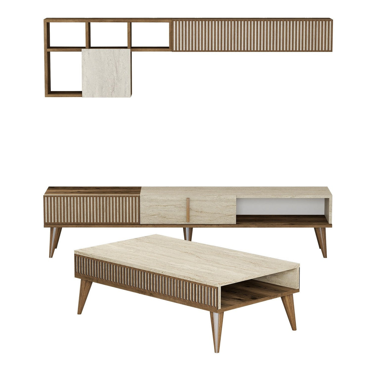 Set mobilă pentru sufragerie Milan, Diverse culori, 180x35x40 cm - Nuc - Travertin | SKU: 845HCT5609 | Set mobilă pentru sufragerie Milan, 180x35x40 cm, varianta Nuc - Travertin, produs pentru amenajarea locuinței, disponibil online în România la CasaMob