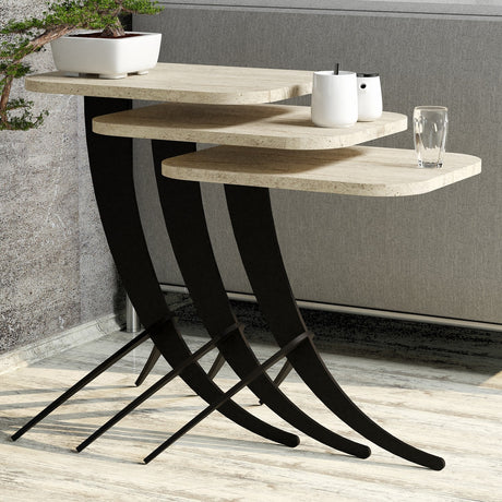 Set 3 măsuțe de cafea Pion 3, Travertin, 35x45x49 cm