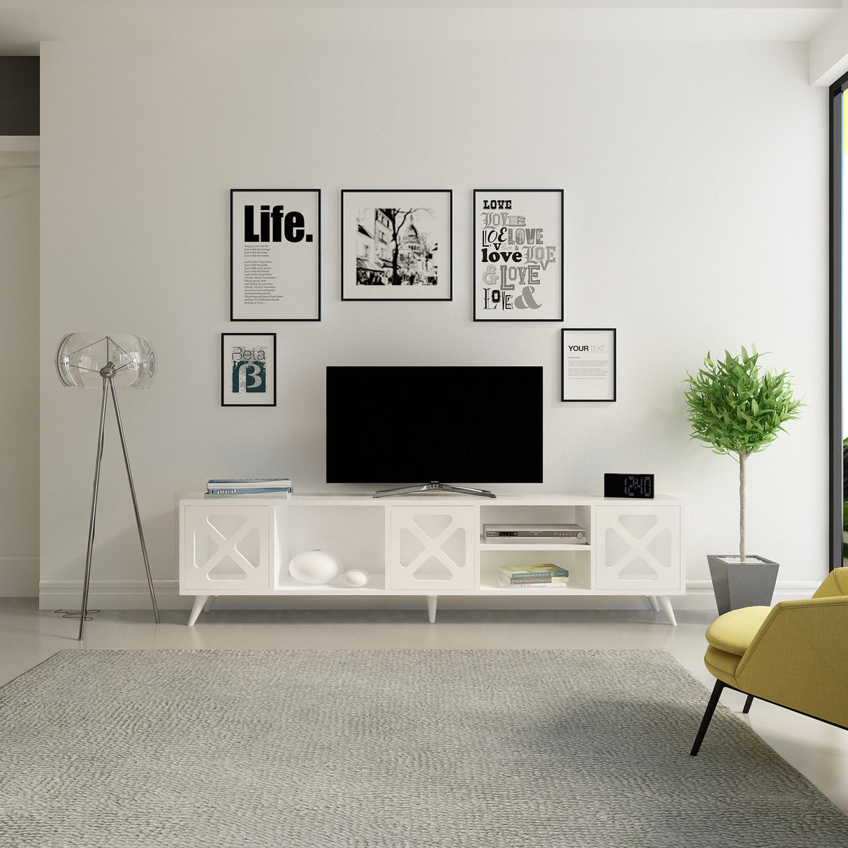 Comodă TV Sinef, Diverse culori, 180x30x46 cm - Alb | SKU: 851AVH3083 | Comodă TV Sinef, 180x30x46 cm, varianta Alb, produs pentru amenajarea locuinței, disponibil online în România la CasaMob