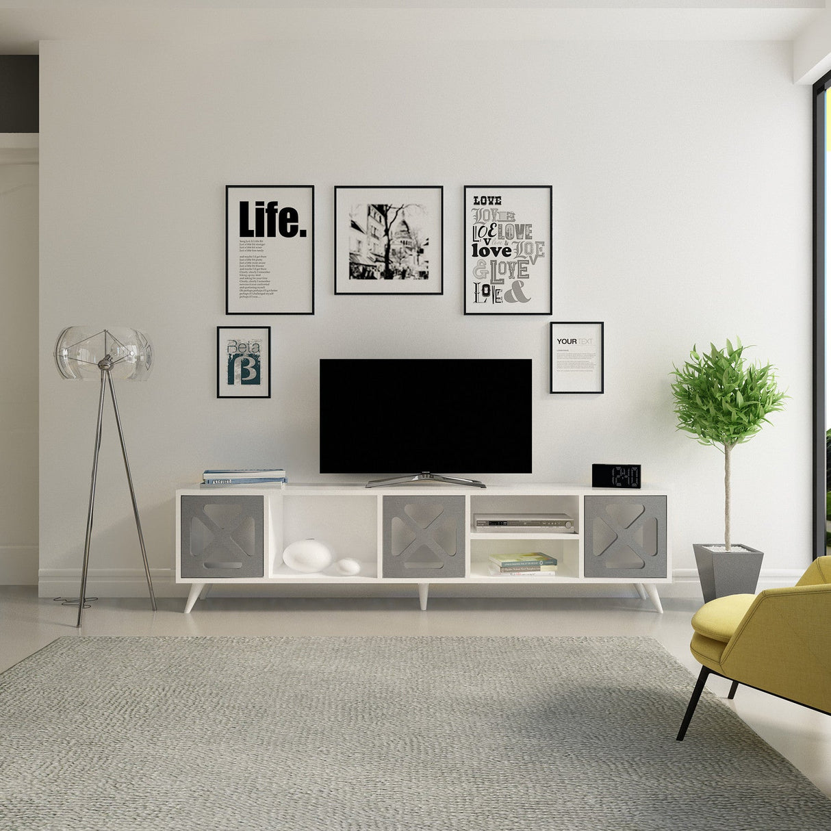 Comodă TV Sinef, Diverse culori, 180x30x46 cm - Alb - Antracit | SKU: 851AVH3084 | Comodă TV Sinef, 180x30x46 cm, varianta Alb - Antracit, produs pentru amenajarea locuinței, disponibil online în România la CasaMob